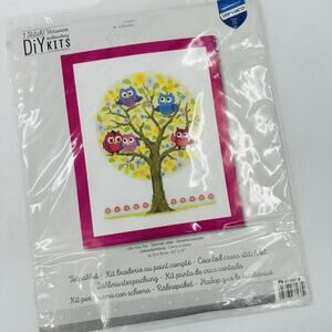 VERVACO Counted Cross Stitch DIY Kit LITTLE OWLS TREE 14 White fabric 9" x 12"